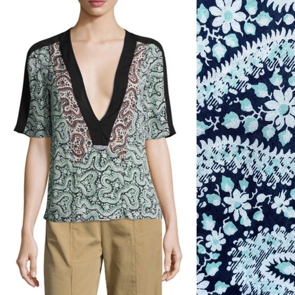 ALC Silk Blouse Lilias Deep Plunge V-Neck Aqua Paisley Top